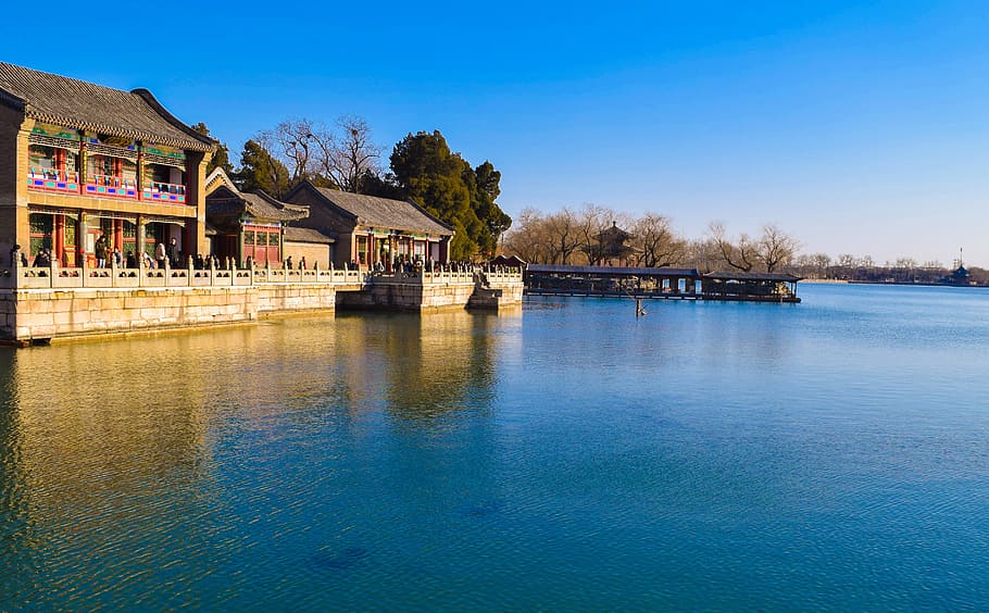 the summer palace, kunming lake, beijing, water, architecture, built structure, building exterior, reflection, travel destinations, tree