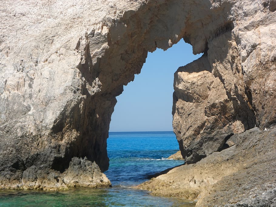 회색, 하나로 된 돌, 몸, 물, 그리스, 자킨 토스, 위대한, 푸른 동굴, 바다, 록