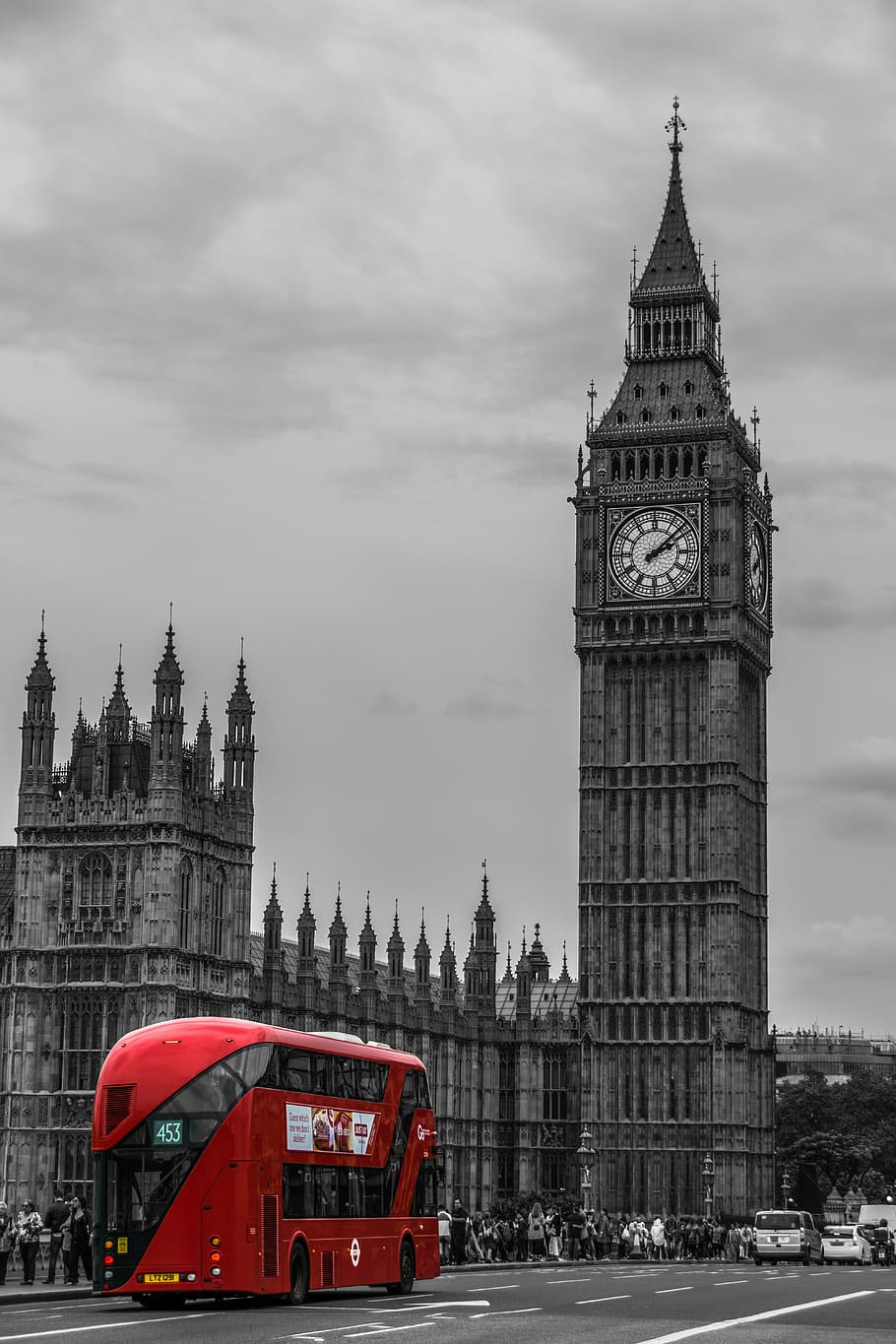 selective, color photo, red, bus, london, double decker bus, street scene, traffic, england, united kingdom