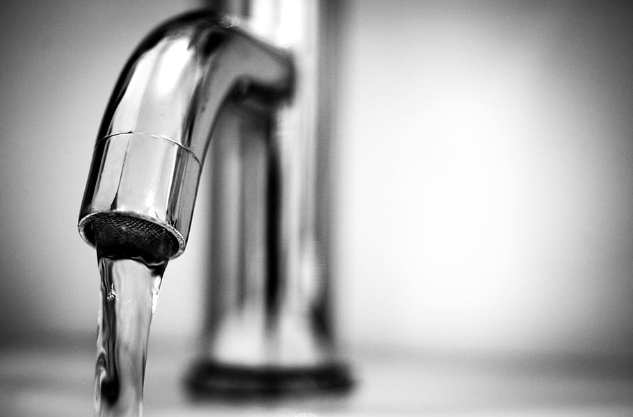 flowing, water, faucet, tap, black and white, macro, silver, shine, wet, bathroom