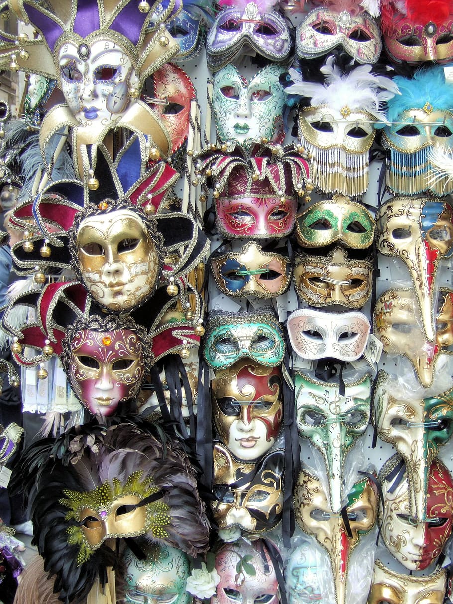 assorted-color masquerade mask lot, masks, venice, carnival, disguise, for sale, mask, human representation, mask - disguise, retail