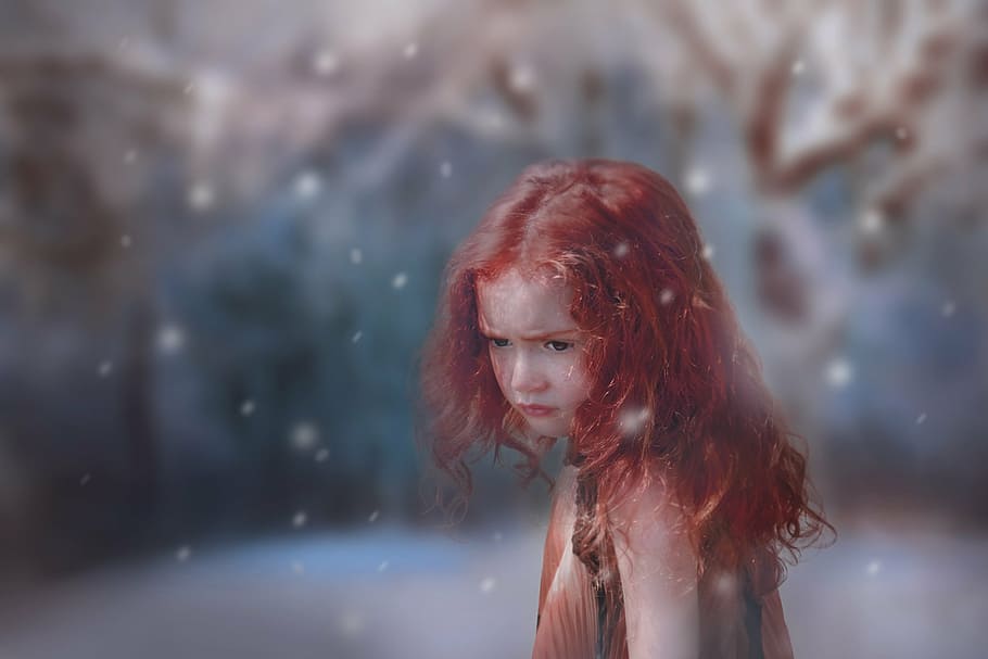 red, haired girl, wearing, brown, sleeveless, top, girl, forest, enchanted, young