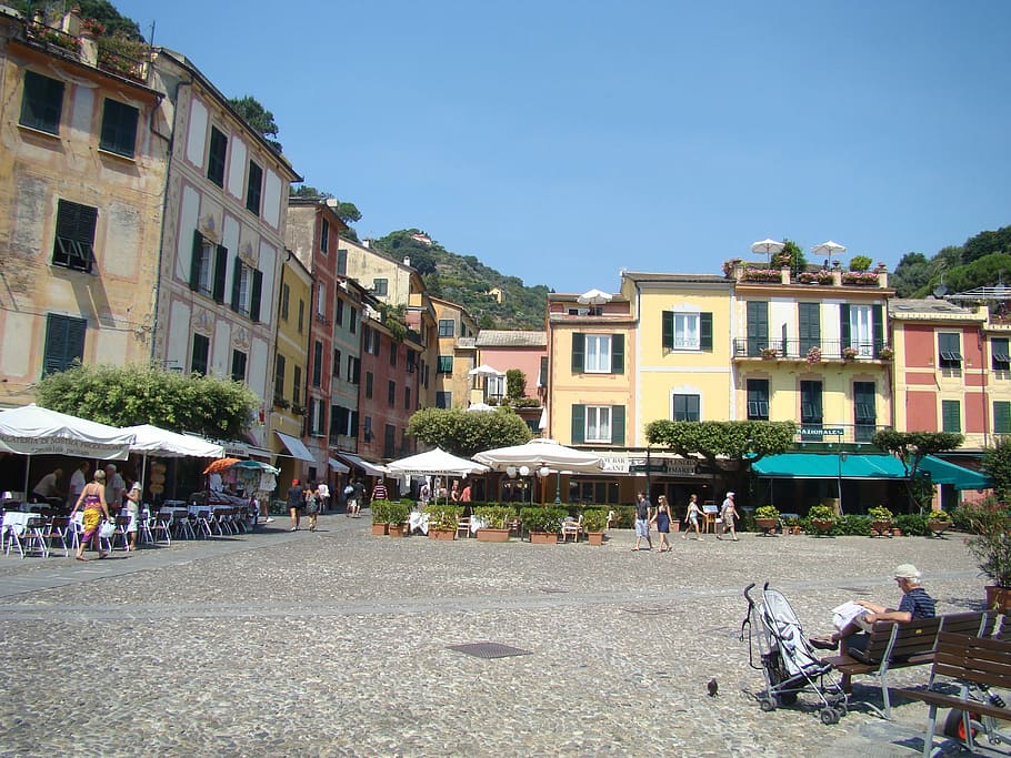 Portofino, Plaza, Summer, market square, old town, buildings, old, historical, city, people