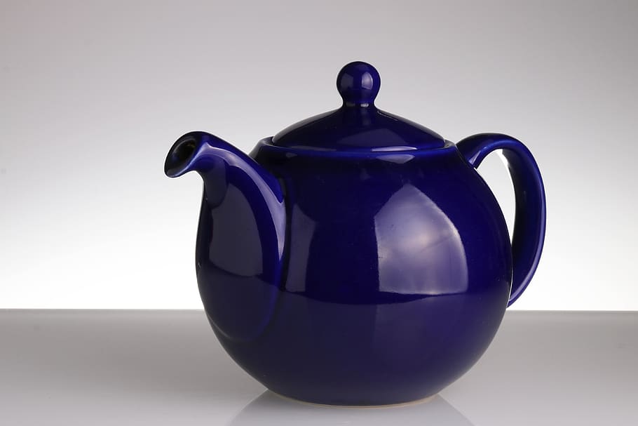 teapot, blue, still life, indoors, studio shot, ceramics, close-up, white background, art and craft, container