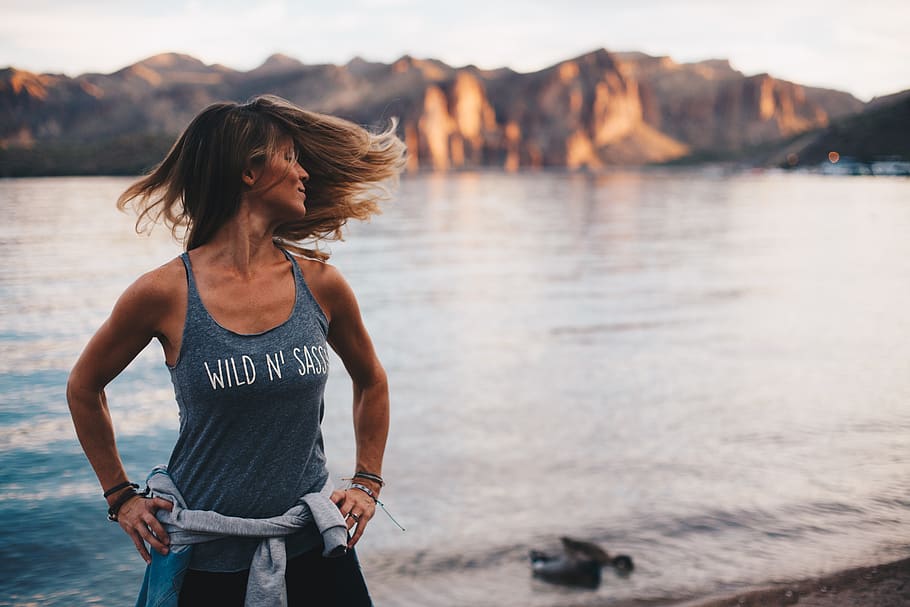 woman, workout, lake, yoga, female, water, river, calm, sunset, rock