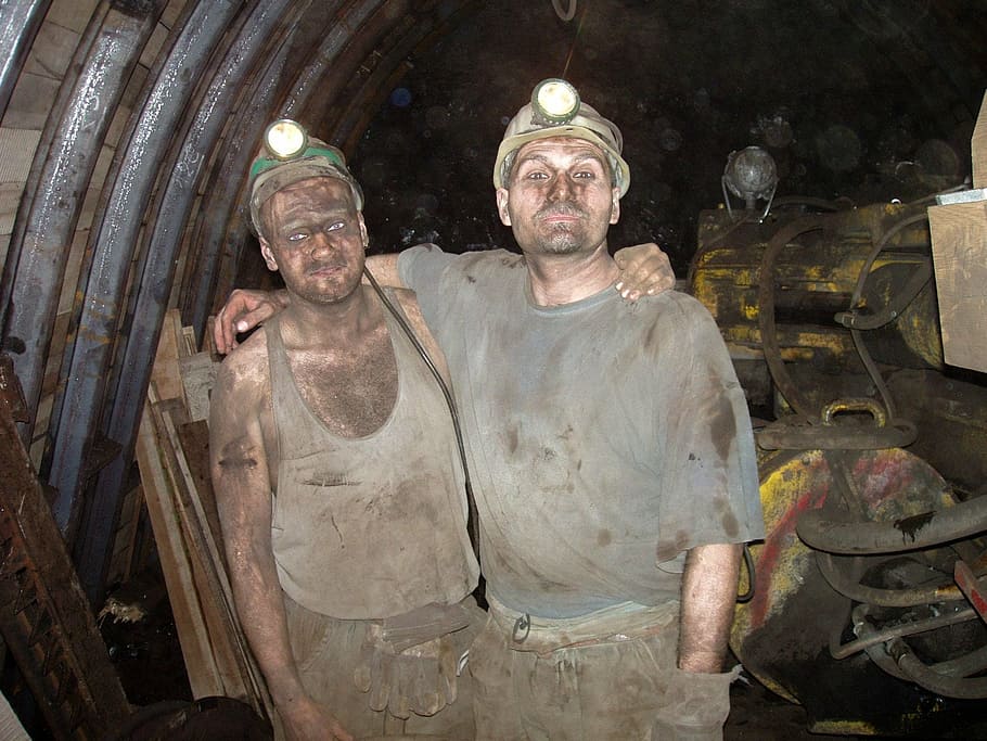 man, putting, hand, another, back, coal, black, black and white, underground, miners