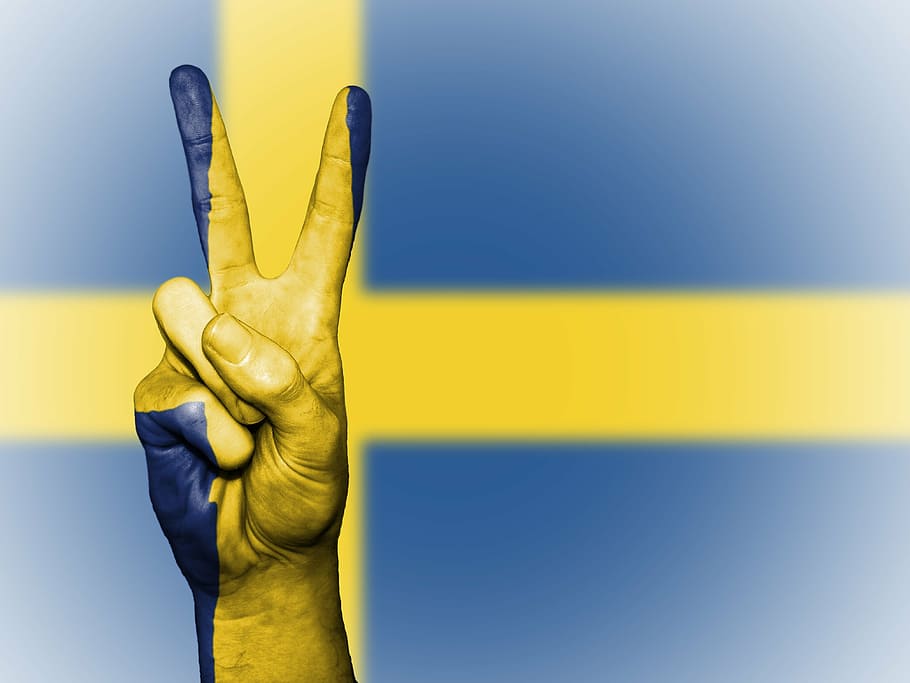peace sign, sweden flag, sweden, peace, hand, nation, background, banner, colors, country