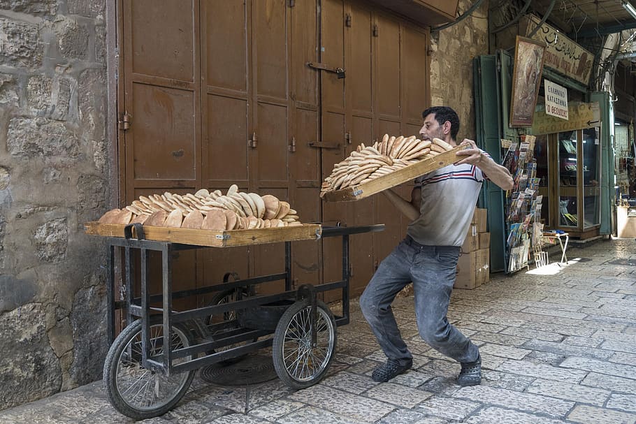 bread man, old city jerusalem, israel, muslim quarter, middle east bread, jerusalem, one person, real people, full length, architecture