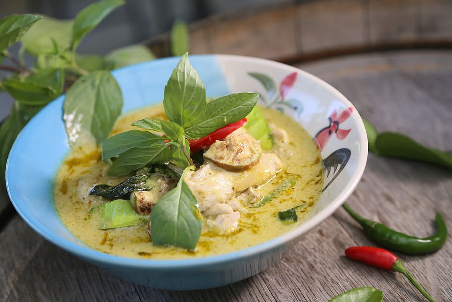curry, sopa, blanco, cerámica, tazón de fuente, curry verde, comida tailandesa, ingrediente, ingrediente tailandés, comida y bebida
