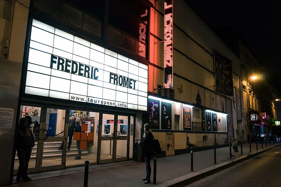 frederic fromet theater building, night time, paris, cinemas, street, night, architecture, building exterior, built structure, real people