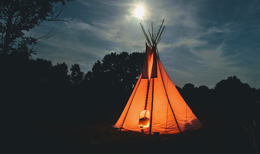beige, hat, tree, nighttime, teepee, tee-pee, tipis, tent, indian, the indians