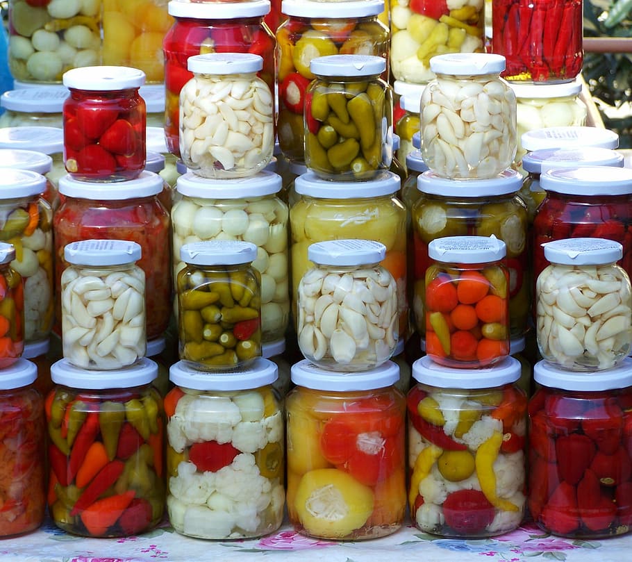 assorted, infused, vinegar bottles, pickled vegetables, pickles, food, variation, jar, choice, vegetable | Pxfuel