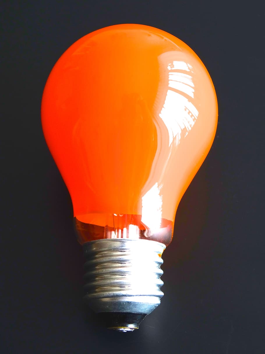 light bulb, orange, light body, lighting equipment, orange color, energy efficient, close-up, electricity, illuminated, indoors