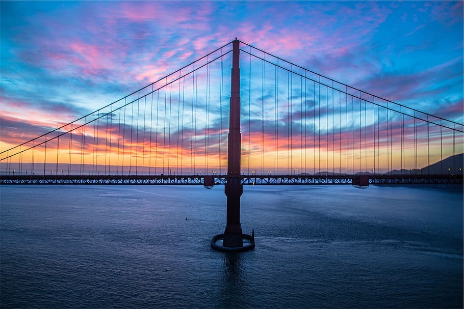 hitam, jembatan gantung penuh, matahari terbenam, emas, gerbang, jembatan, jam, Jembatan Golden Gate, San Francisco, arsitektur