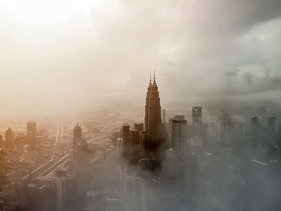 architecture, building, infrastructure, twin, tower, city, urban, dark, fog, cold