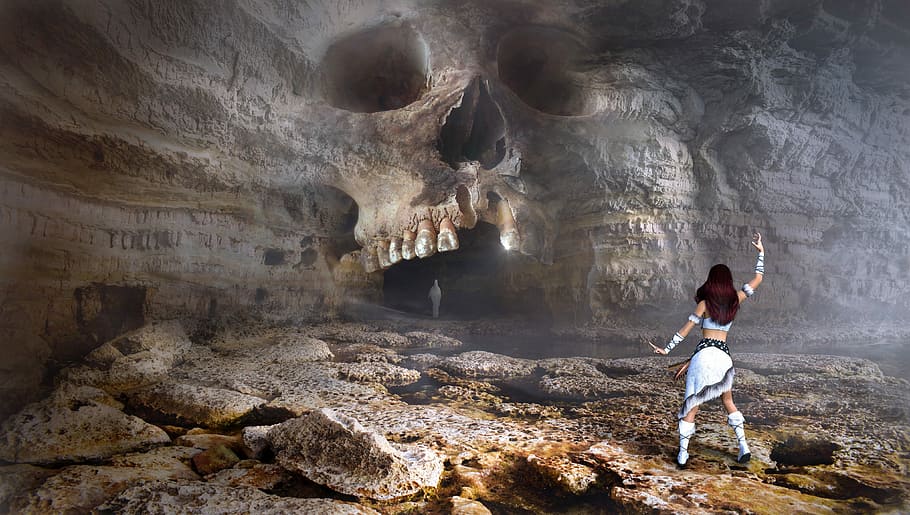 mujer, vistiendo, blanco, vestido, frente, cráneo cueva ilustración, fantasía, roca, cueva, cráneo y tibias cruzadas