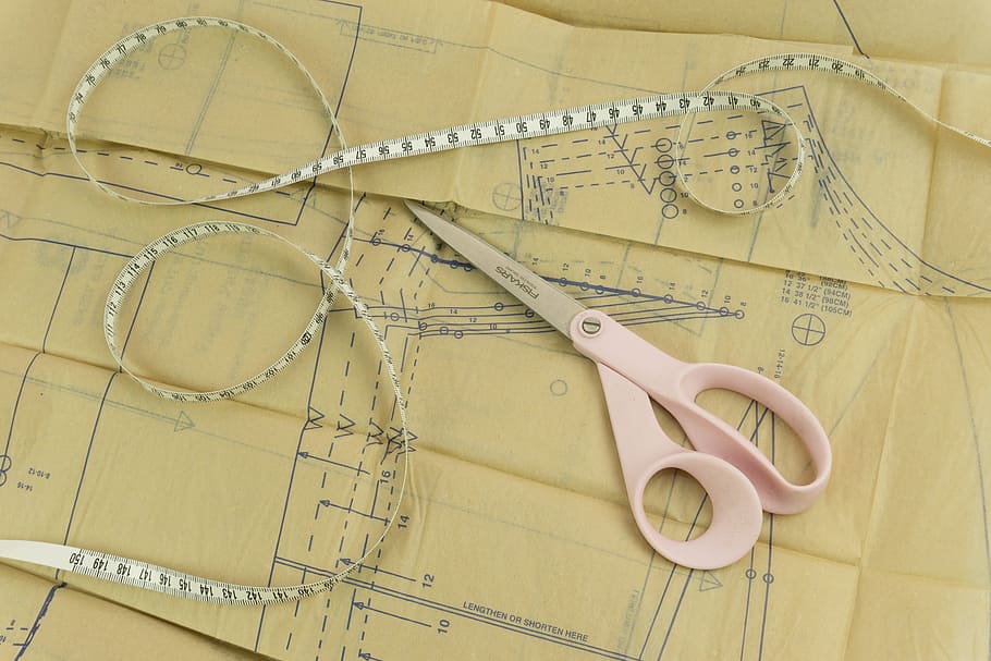 white, scissors, tape measure, the formula, sewing, sewing accessories, sewing pattern you, indoors, high angle view, ruler