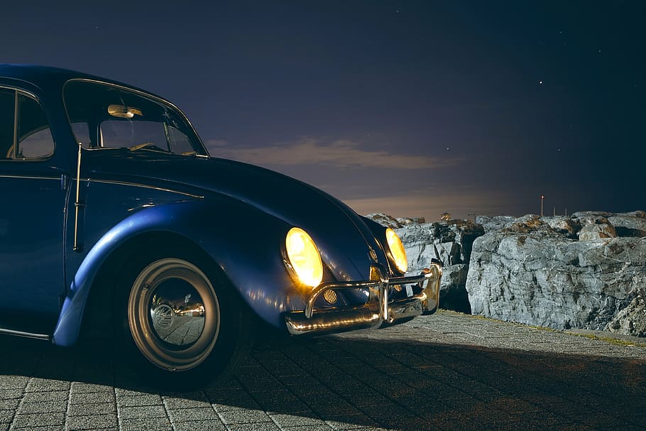 Volkswagen Beetle azul, coche, vehículo, transporte, antiguo, vintage, viajes, aventura, azul, brillante