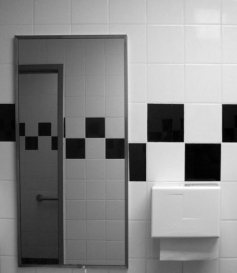 rectangular, gray, metal, framed, mirror, wall, Bathroom, Toilette, Stylish, Toilet
