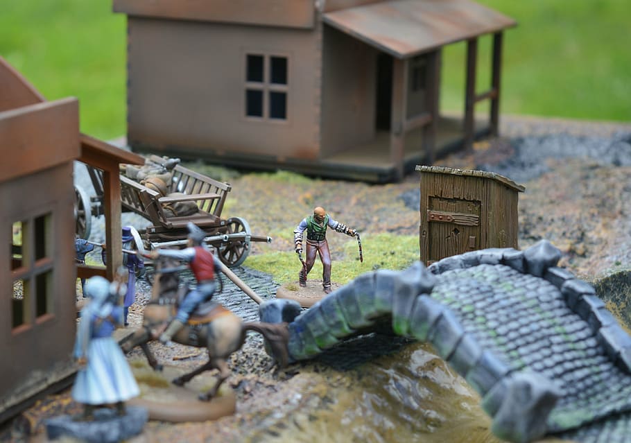 board game, miniature, action figures, characters, toy, hobby, the playing field, scene, malifaux, staging