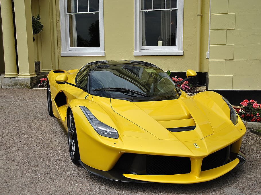 yellow, sports car, parked, house wall, Ferrari, Car, Design, Vehicle, Auto, car, design