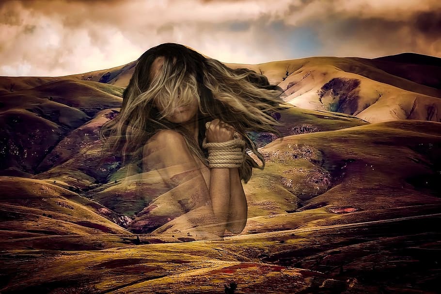 woman, landscape, nature, shackles, iceland, beautiful, merger, fantasy, mountains, hair