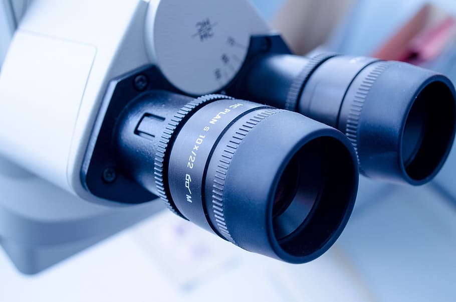 negro, blanco, lentes de microscopio, laboratorio, azul, fondo, primer plano, micro, nadie, microscopía
