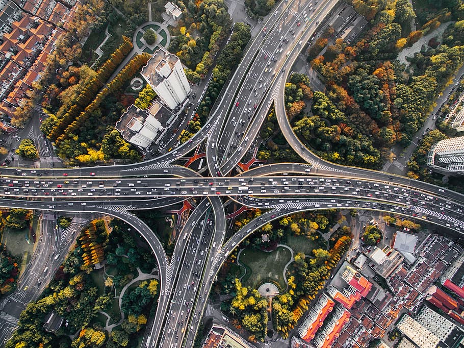 vehicles, traveling, road, aerial, architecture, buildings, cars, city, cityscape, highway
