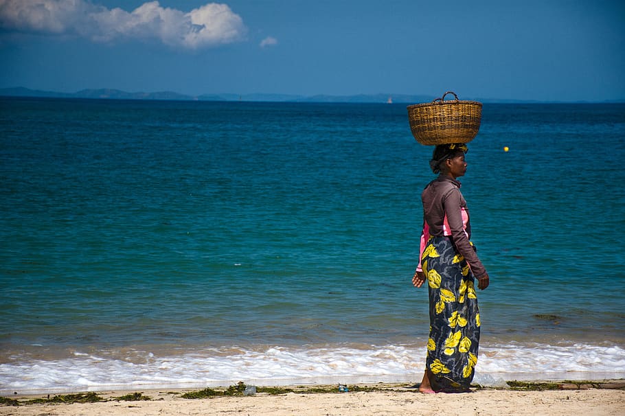 africa, woman, madagascar, island, see, beach, people, turquoise, sea, the coast