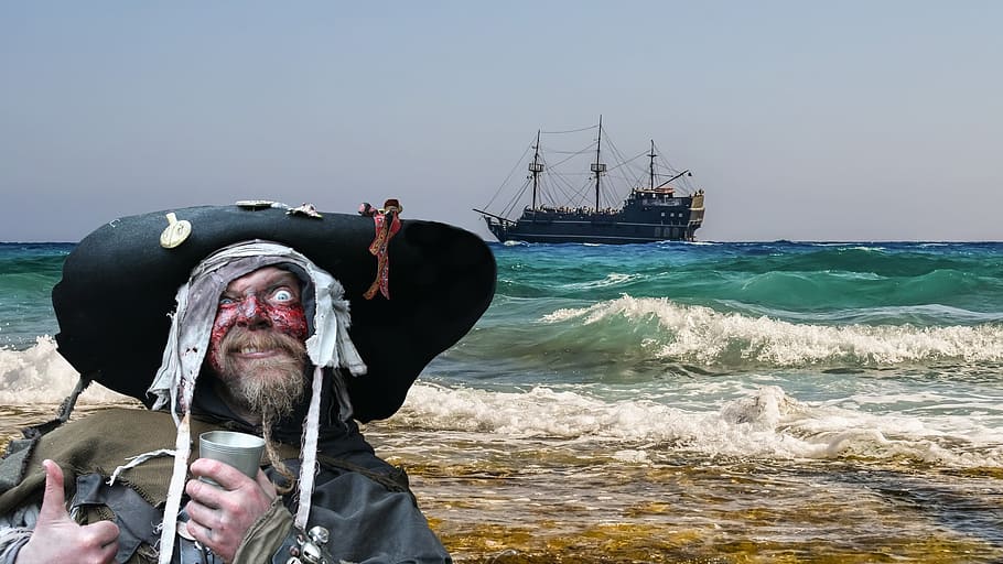pirate on seashore, pirate, pirate ship, privateers, ship, sea, sail, corsair, middle ages, pirates