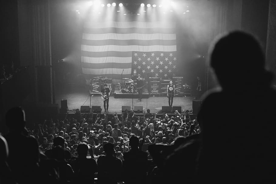 banda, canto, escenario, negro, blanco, concierto, gente, multitud, blanco y negro, estadounidense