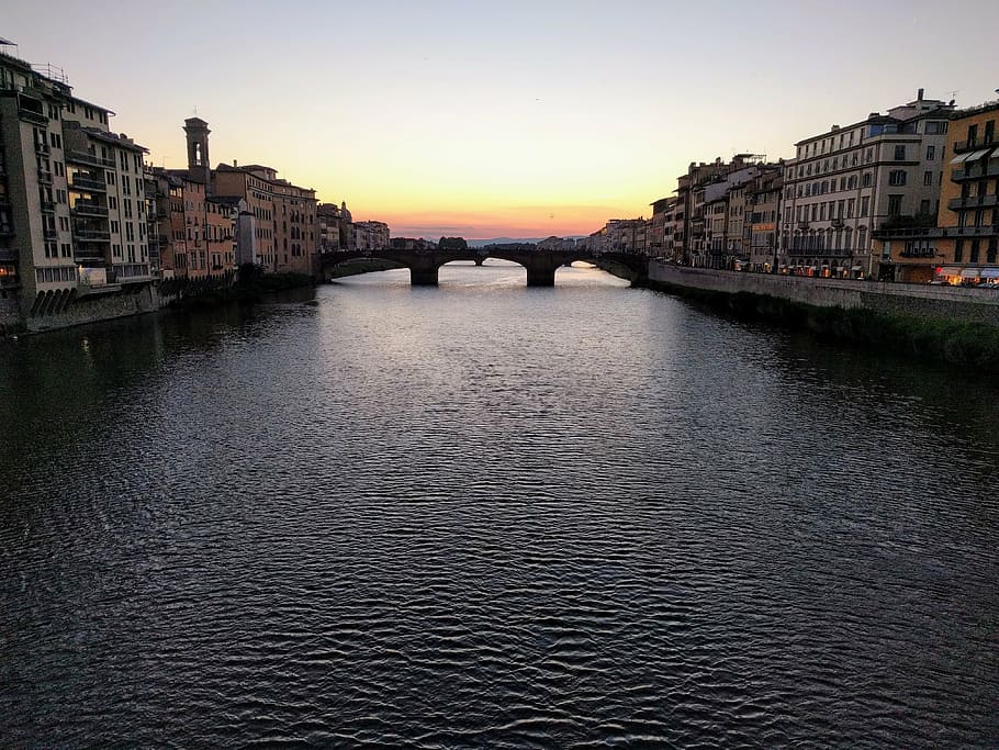 sunset, river, arno, landscape, bridge, florence, firenze, architecture, italy, water