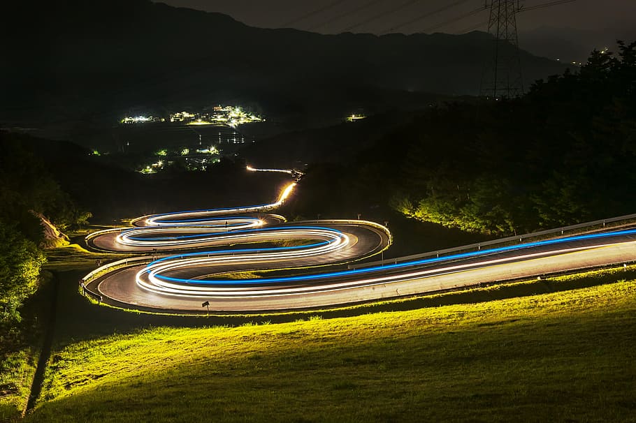 foto de lapso de tiempo, coche, autopista, noche, carretera, vista nocturna, ironía del vehículo, jiri, con, paisaje nocturno