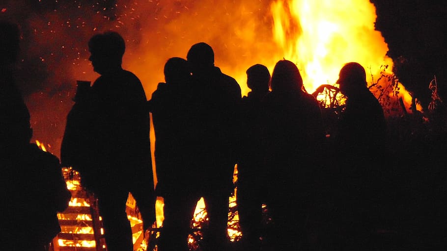 silhouette of people, Fire, Bonfire, Gathering, People, silhouette, crowd, party, outdoors, night