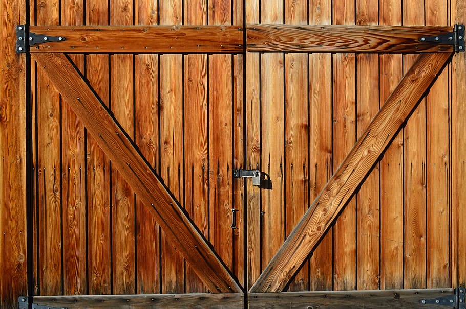 closed, brown, wooden, door, barn door, farm, wood, entrance, rustic, building