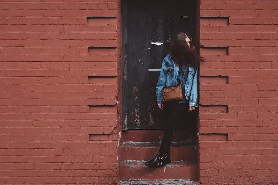 building, outdoor, outside, people, woman, girl, fashion, denim, door, alone