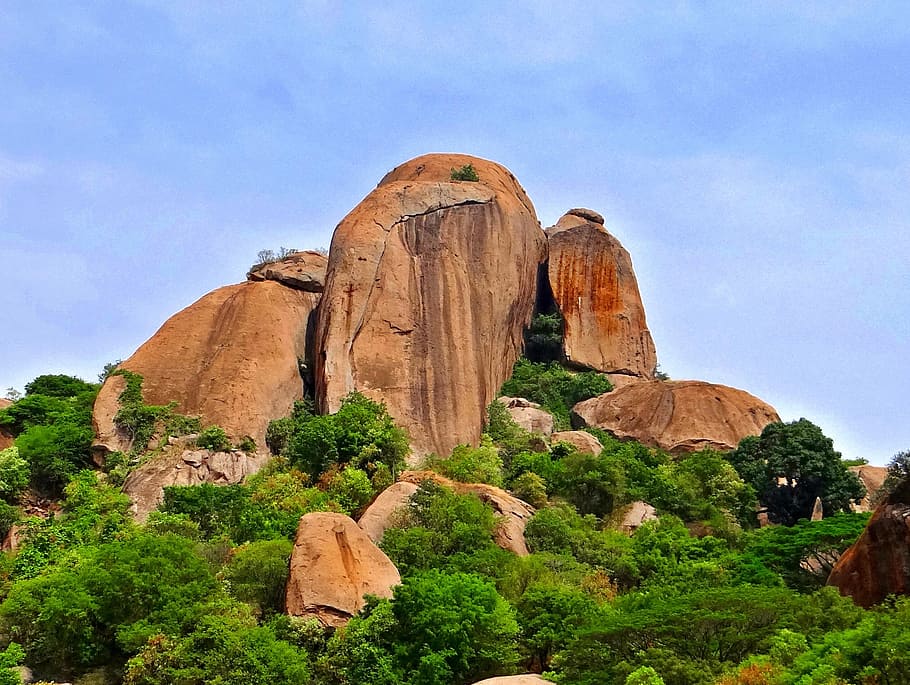 brown, rock formation, ahead, ramgiri hills, ramadevara betta, bangalore, india, sholay, rocks, ravines