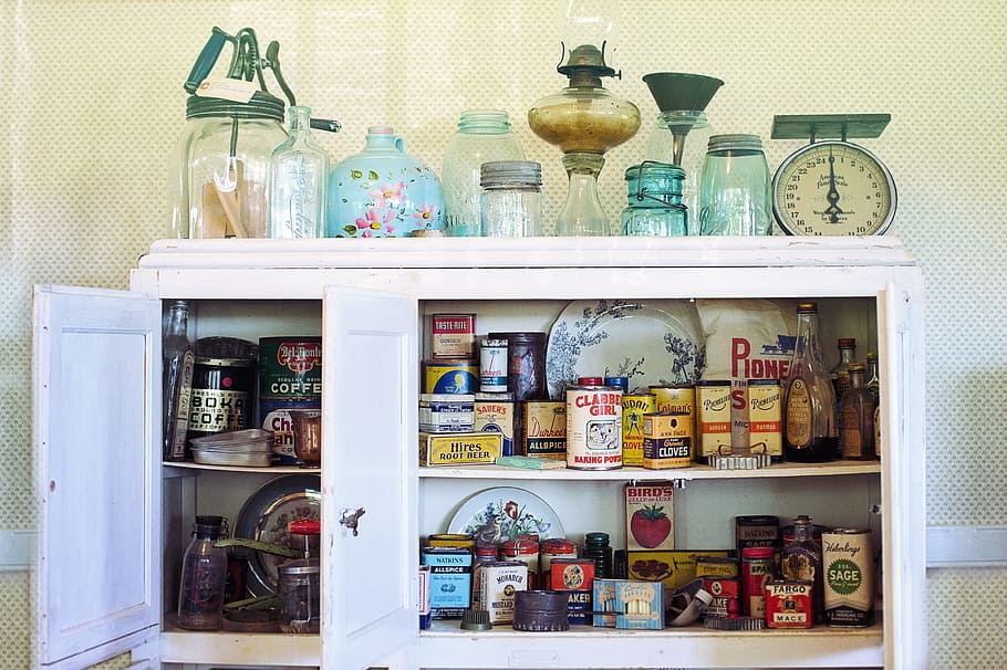 kitchen, weighing, scale, glassware, top, white, wooden, cabinet, opened, rations