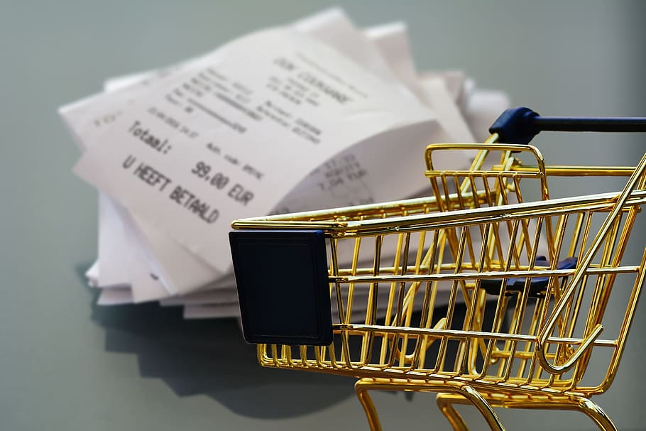 gold shopping card, miniature, receipt lot, shopping, receipt, business, retail, shopping cart, transport, supermarket