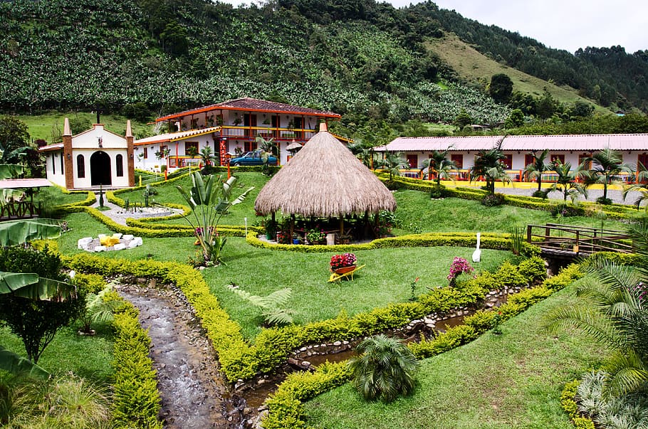 hut, green, grass lawn, Colombia, Jardin, Coffee, Zone, coffee zone, coffee-growing area, antioquia