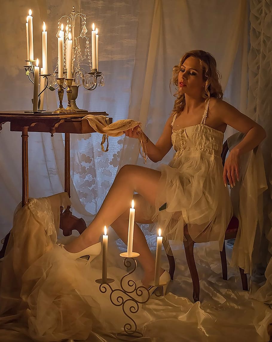 woman, wearing, white, spaghetti, strap, dress, holding, textile, model, candle