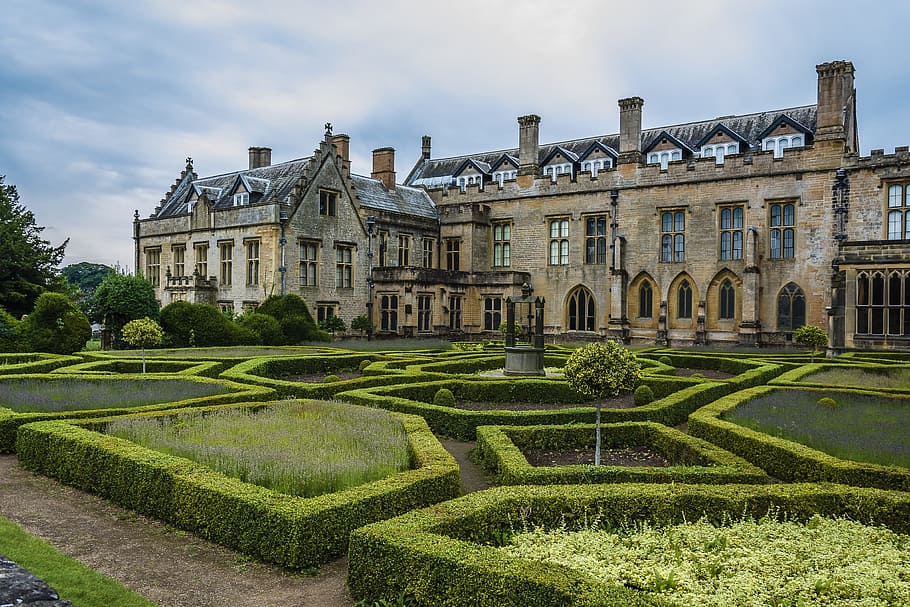 architecture, building, abbey, garden, old, building exterior, formal garden, built structure, mansion, residential district