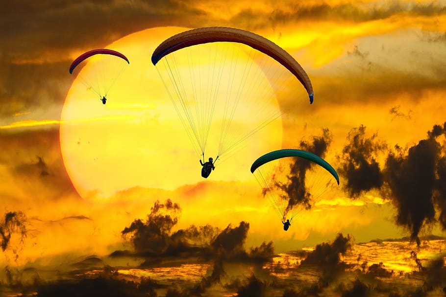 three, person parachute, sun, emotions, adventure, fly, parachute, paragliding, holiday, holidays