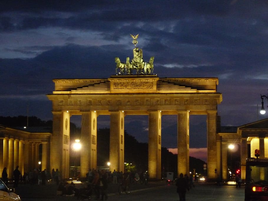 bangunan, tengara, berlin, arsitektur, jerman, senja, gerbang Brandenburg, Tempat terkenal, malam, monumen
