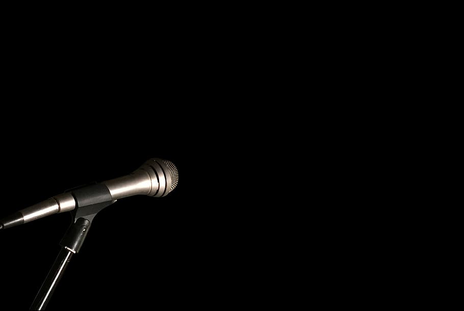 close-up photo, gray, microphone, mic stand, black, black background, single object, studio shot, arts culture and entertainment, close-up