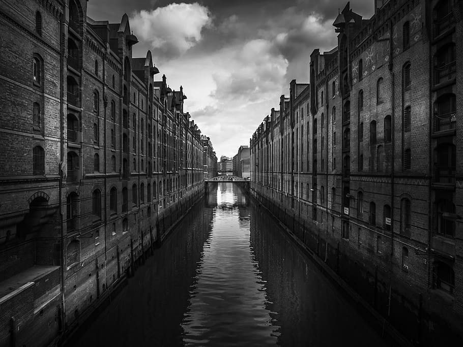 grayscale photography, buildings, canal, Photography, Hamburg, Big City, city, hanseatic city, water, river