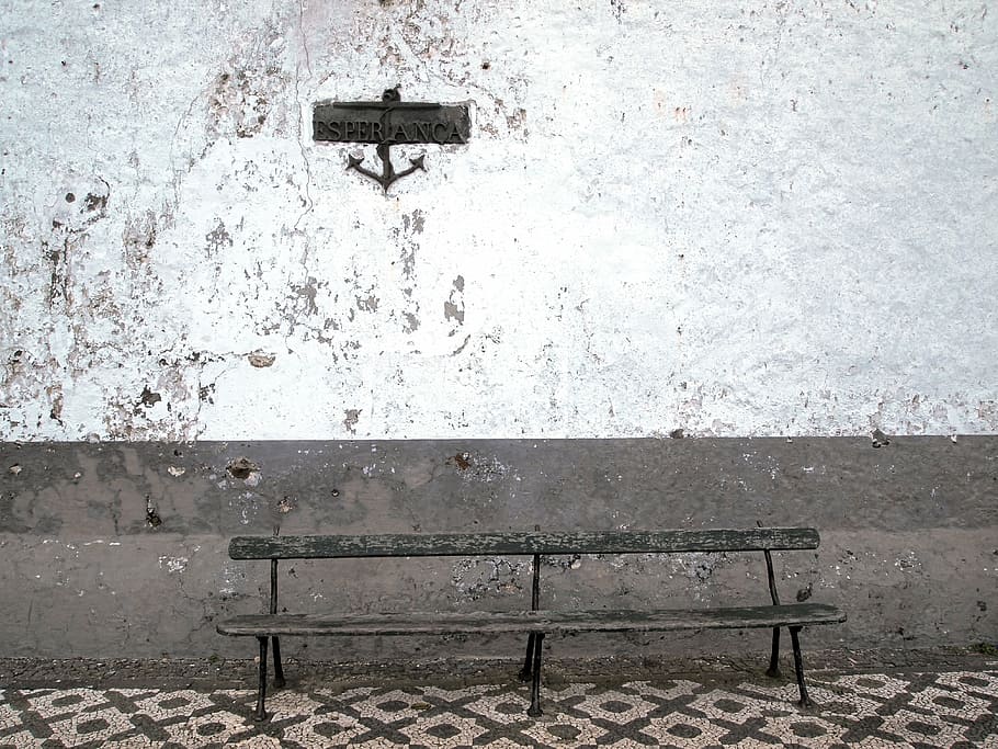 empty, brown, bench, white, gray, wall, behind, concrete, anchor, wood