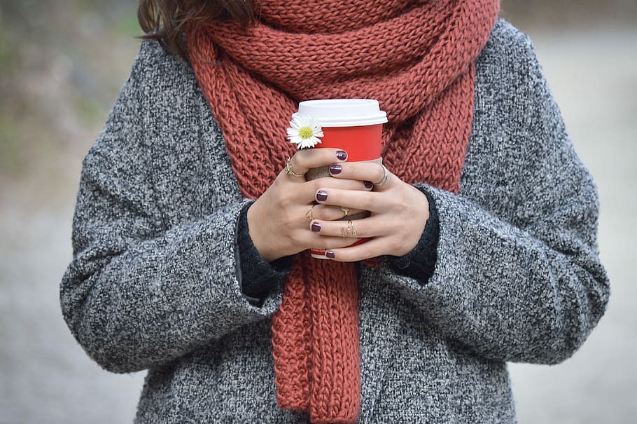 woman, wearing, gray, jacket, brown, scarf, holding, red, white, cup