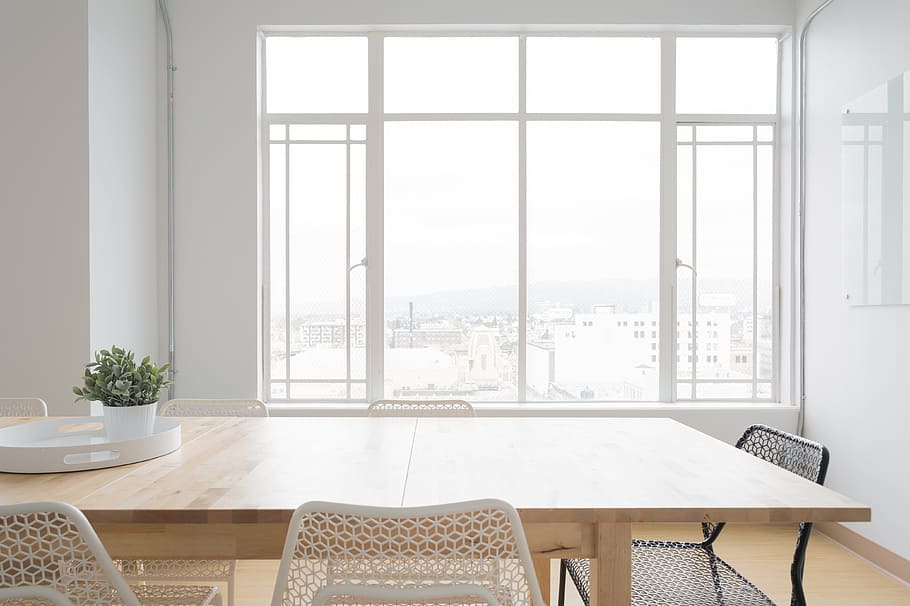 rectangular, beige, dining table, across, white, window frame, room, table, chairs, window