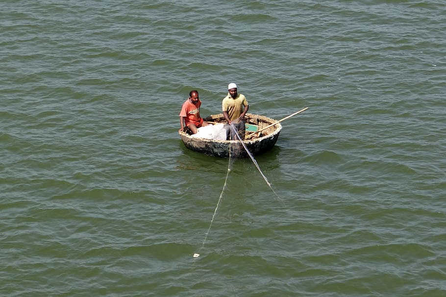 coracle, fishing, dragnet, krishna river, backwaters, karnataka, india, nautical Vessel, river, people